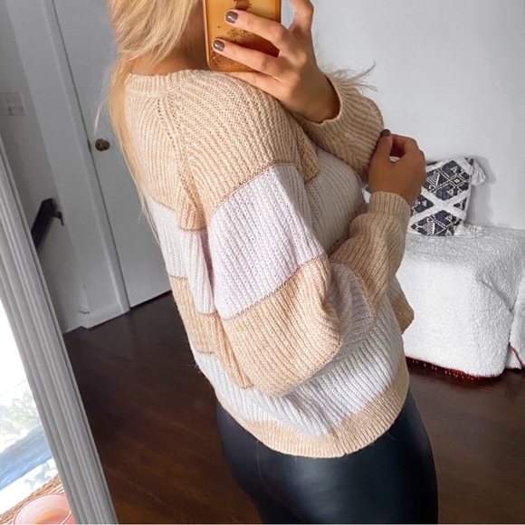 🍂 ONLY IVORY TAN METALLIC STRIPE CHUNKY KNIT SWEATER! - Picture 4 of 16